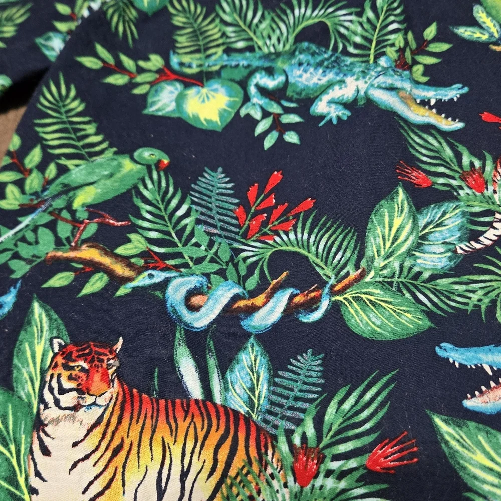 TCP toddler Hawaiian jungle animals button down shirt, tiger parrot crocodile 3T